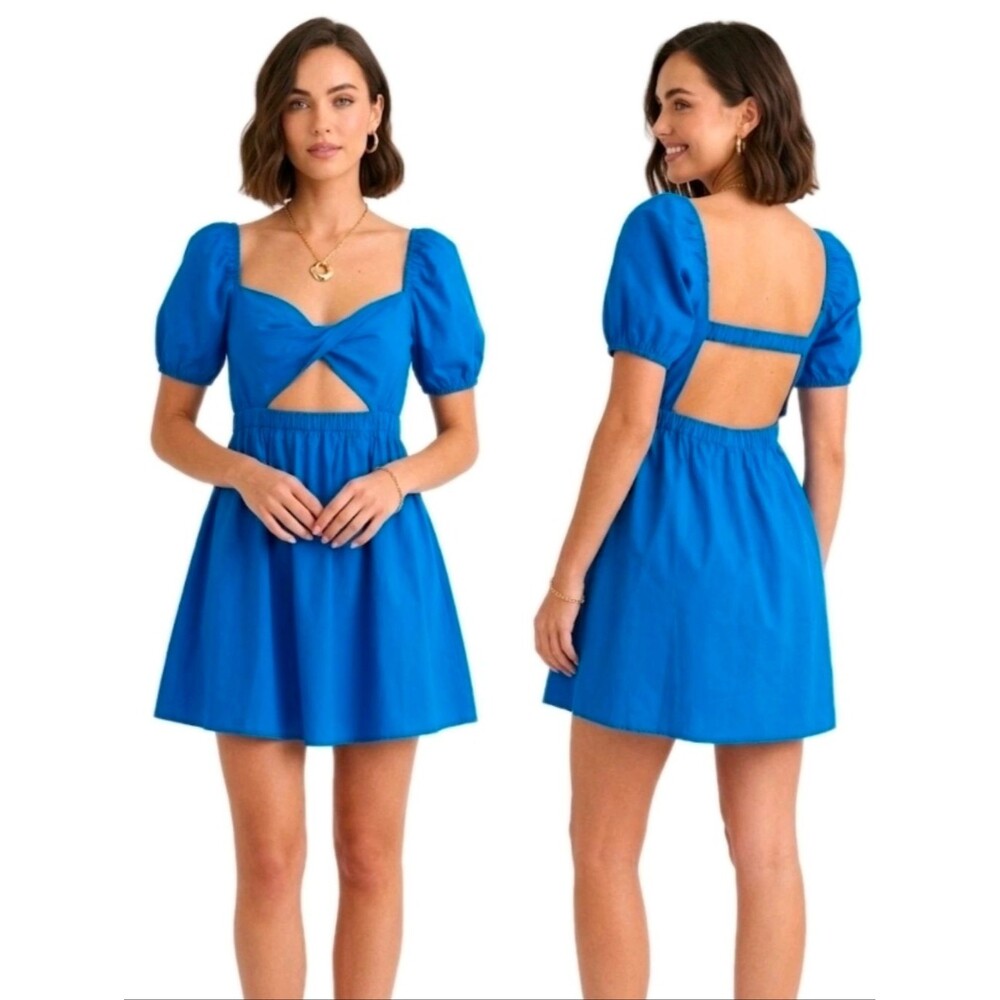 LE LIS Royal Blue Cutout Mini Dress Puff Sleeves 100% Cotton Women's Size S
